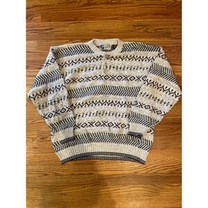 VTG Jantzen Sport Mens Sweater Large Cream Navy Blue Aztec Geometric Henley Knit